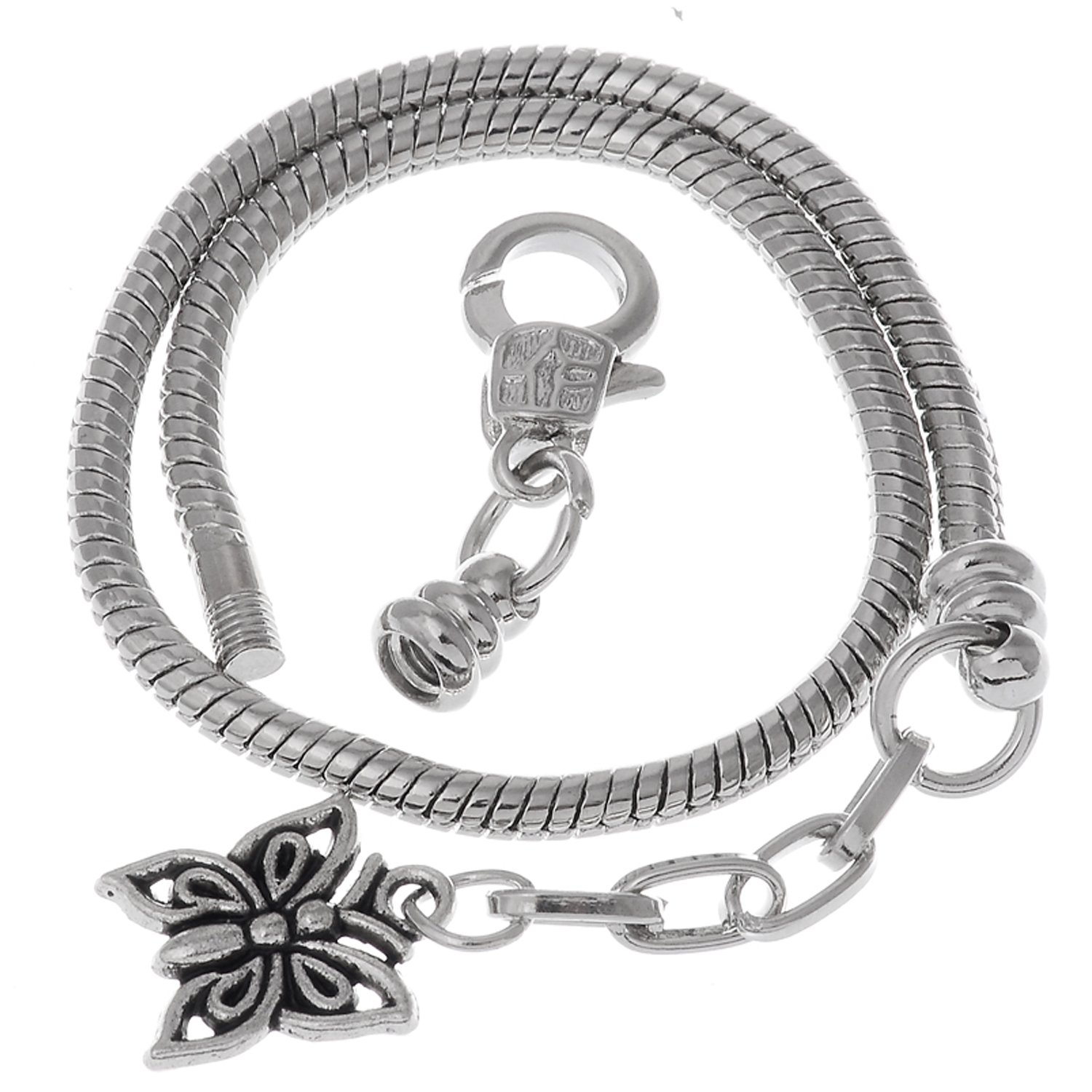 RUBYCA 10pcs 6.3" Lobster Clasp Butterfly Pendant Snake Chain European Charm Bracelet Silver Tone