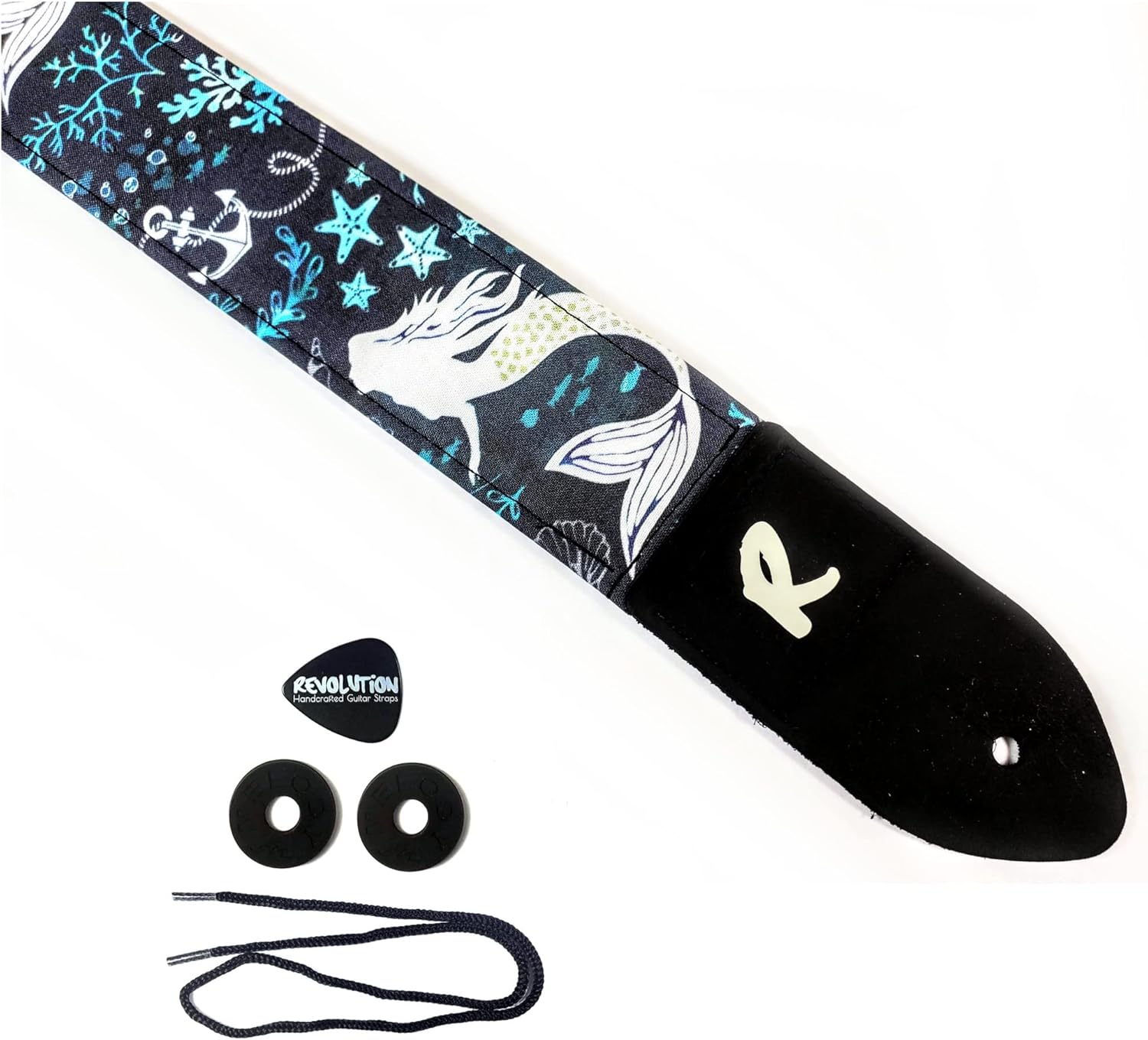 Mixed Media - Blue Mermaid Guitar Strap-Ocean, Genuine Leather Ends, Includes 2 Strap Locks & 1 Pick. Adjustable Strap, Pick Pocket, For Bass, Electric & Acoustic Guitars Gift for Guitar Players Men, Women & Kids