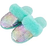 Girls Plush House Slippers Fluffy Sequin Slippers, Cute Faux Fur Slip-on Shoes Memory Foam House Slipper