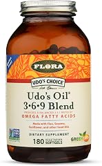 Flora Health Udo's Oil 3-6-9 Blend, Balanced Omega Fatty Acids from Flax, Sesame, Sunflower 180 Vegetarian Softgels