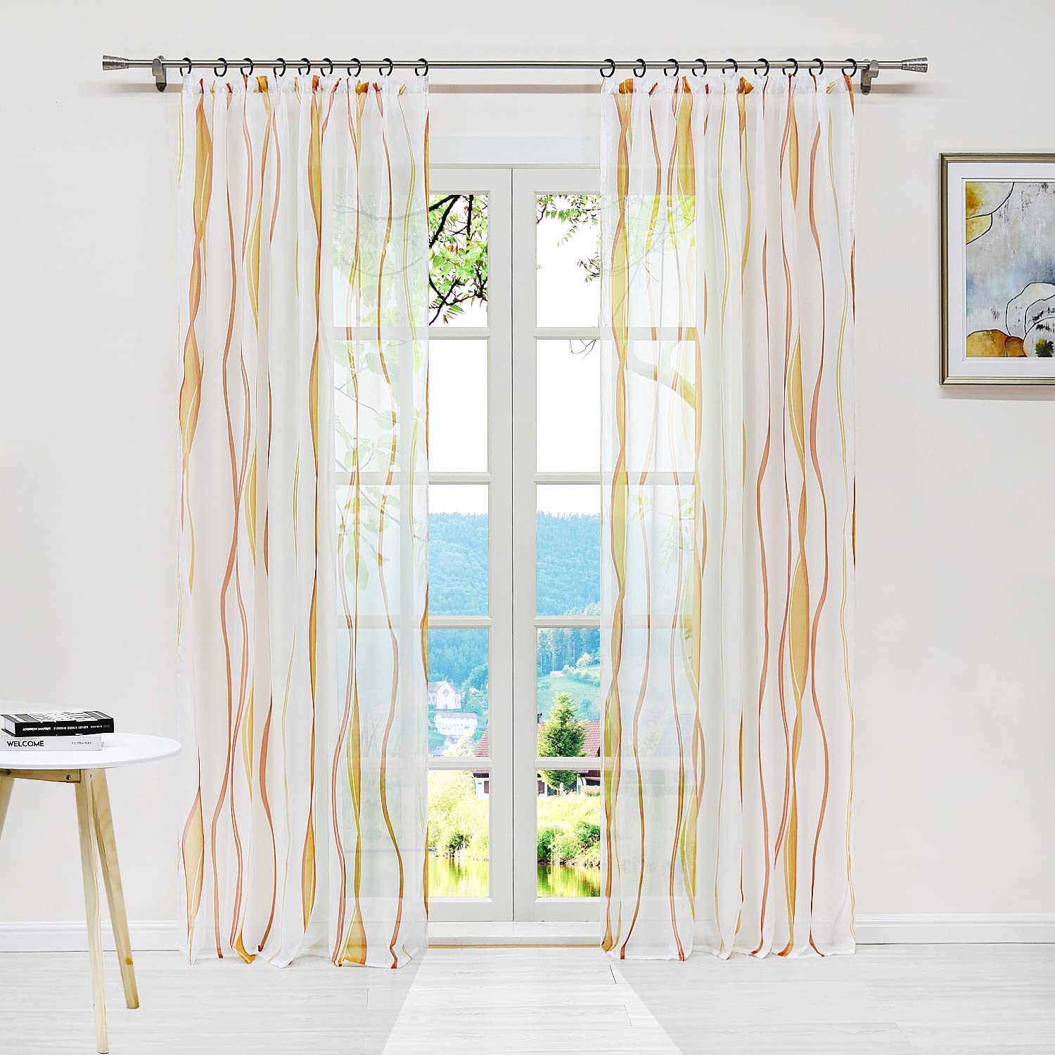 ESLIR Curtains with Ruffle Tape Transparent Tab-Top Curtain Waves Pattern Voile Orange W x H 140 x 245 cm Pack of 1 — image 1