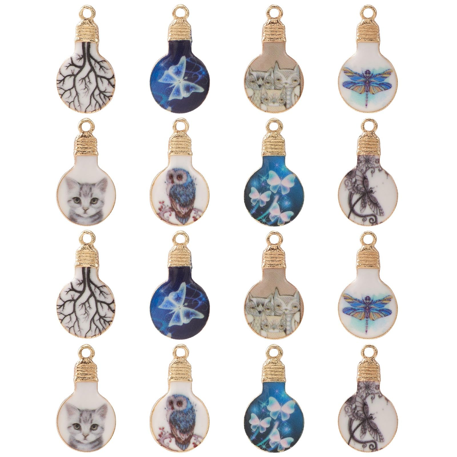 Stiesy 40Pcs 8 Styles Enamel Light Bulb Charms Pendants Butterfly Cat Owl Dragonfly Patterns Printed Bulb Dangle Charms for Jewellry Making DIY Crafts