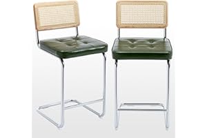 Zesthouse Natural Rattan Bar Stools Set of 2, Modern Counter Height Stools with Solid Wood Back, 26'' Counter Height Chairs, Mid Century Cantilevered Bar Chairs for Kitchen Island, Faux Leather Green