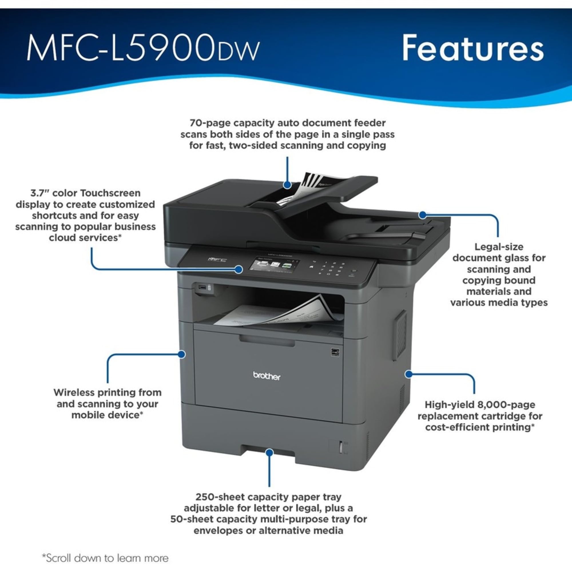 Brother Monochrome Laser Printer, Multifunction Printer, All-in-One Printer, MFC-L5900DW, Wireless Networking, Mobile Printing&Scanning, Duplex Print, Copy&Scan, Amazon Dash Replenishment Ready, Black