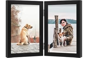 FOREV 4x6 Double Picture Frame Wooden Hinged Photo Frame Definition Glass Stand Vertically on Desktop or Tabletop Black