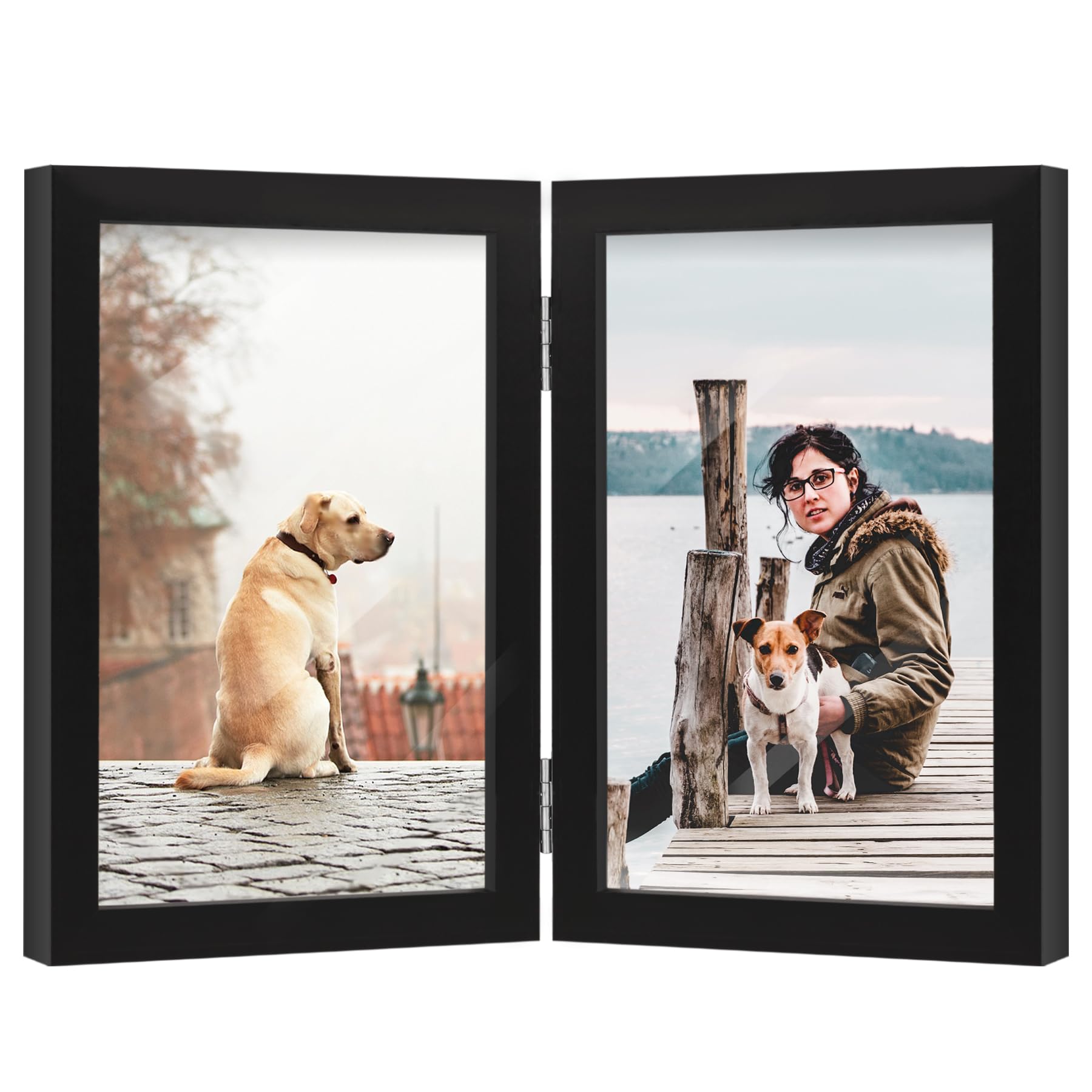 FOREV 4x6 Double Picture Frame Wooden Hinged Photo Frame Definition Glass Stand Vertically on Desktop or Tabletop Black