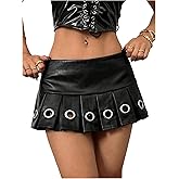 WDIRARA Women's Y2k PU Leather Low Waist Mini Skirt Eyelet Grommet Pleated Skirts
