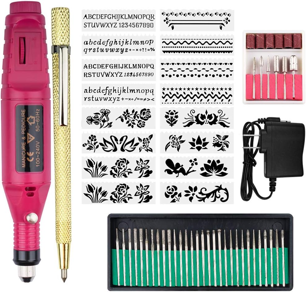Petift Electric Micro Engraver Pen Mini DIY Vibro Engraving Tool Kit for Metal Glass Ceramic Plastic Wood Jewelry with 6 Polishing Head,Scriber Etcher 30 Bits and 16 Stencils