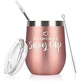 Grandma's Sippy Cup Wine Tumbler With Lid - Birthday and Mother's Day Gifts for Grandmother, Nana - 12 Oz Insulated Stainless Steel Tumbler With Straw, Rose Gold