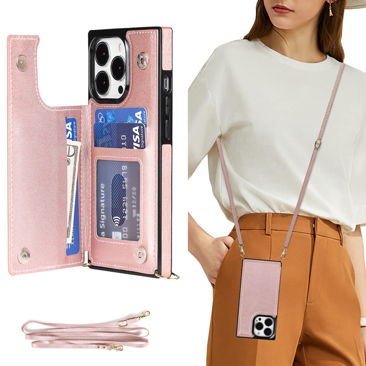 DEFBSC Compatible with iPhone 13 Pro Case, Crossbody Wallet Case, Adjustable Detachable Lanyard Neck Strap with Kickstand Card Holder Premium Leather Protective Back Cover - Rosegold