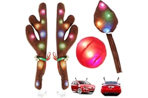 KissDate Christmas Reindeer Antlers for Cars with Light, Car Christmas Decorations with Rudolph Reindeer Red Nose Tail, Xmas Costume for Any Car Accessories Decorations
