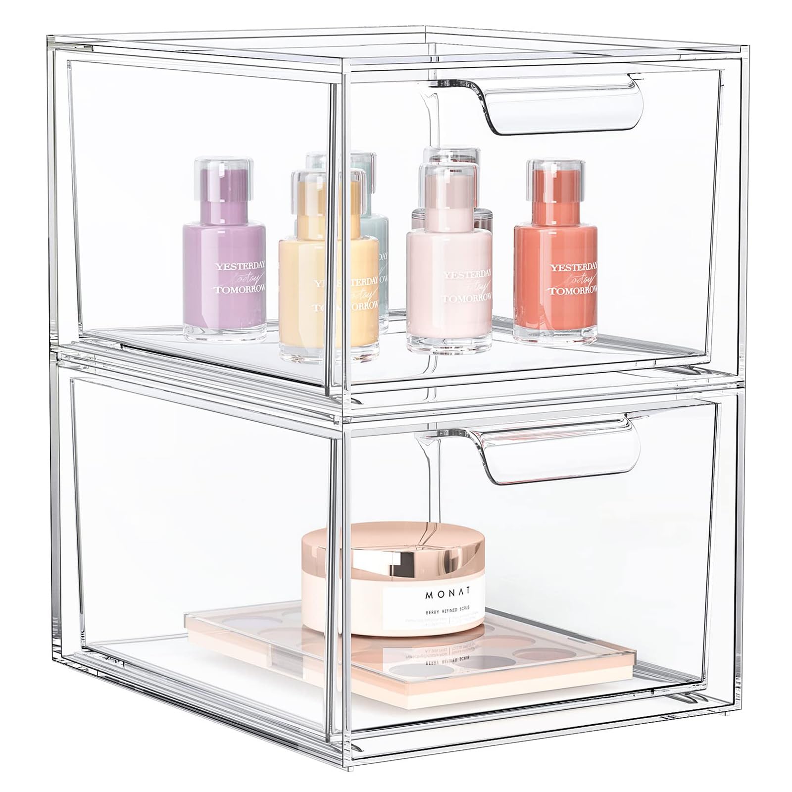 STORICANS Makeup Organiser Storage Drawers, 2 Pack Stackable Acrylic Clear Drawer Organisers,4.5" Tall Plastic Organizer Cosmetics Beauty Box with Handle for Dressing Table,Vanity,Bathroom,Undersink