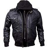 Mens Genuine Black Hooded Bomber Leather Jacket | Real Lambskin Waxed Brown Leather Jackets for Men with Removable Hood