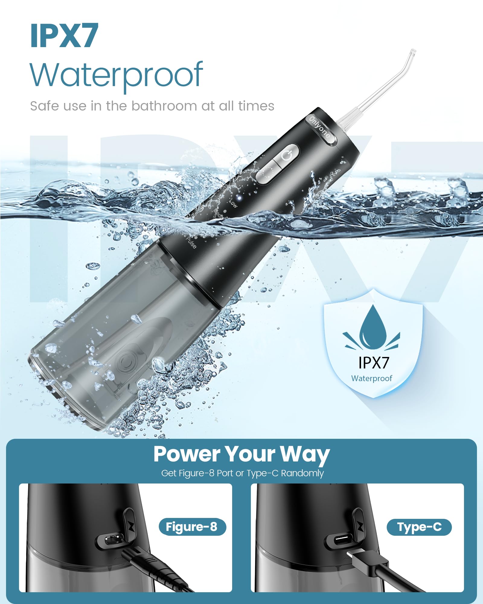 Onlyone Water Dental Flosser, 300ML Portable Oral Irrigator for Teeth, 4 Modes and 5 Jet Tips,Rechargeable Irrigation Cleaner,Electric Flossing Machine Power Flossers & Irrigator Accessories Black