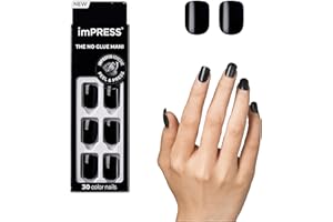 KISS imPRESS No Glue Mani Press On Nails, , 'All Black', Black, Short Size, Squoval Shape, Includes 30 Nails, Prep Pad, Instructions Sheet, 1 Manicure Stick, 1 Mini File