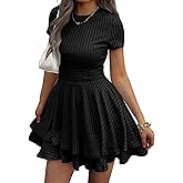 Evzeiem Womens Summer Mini Dresses Short Sleeve Casual Crewneck Knitted Crochet Flowy Tiered Sundress
