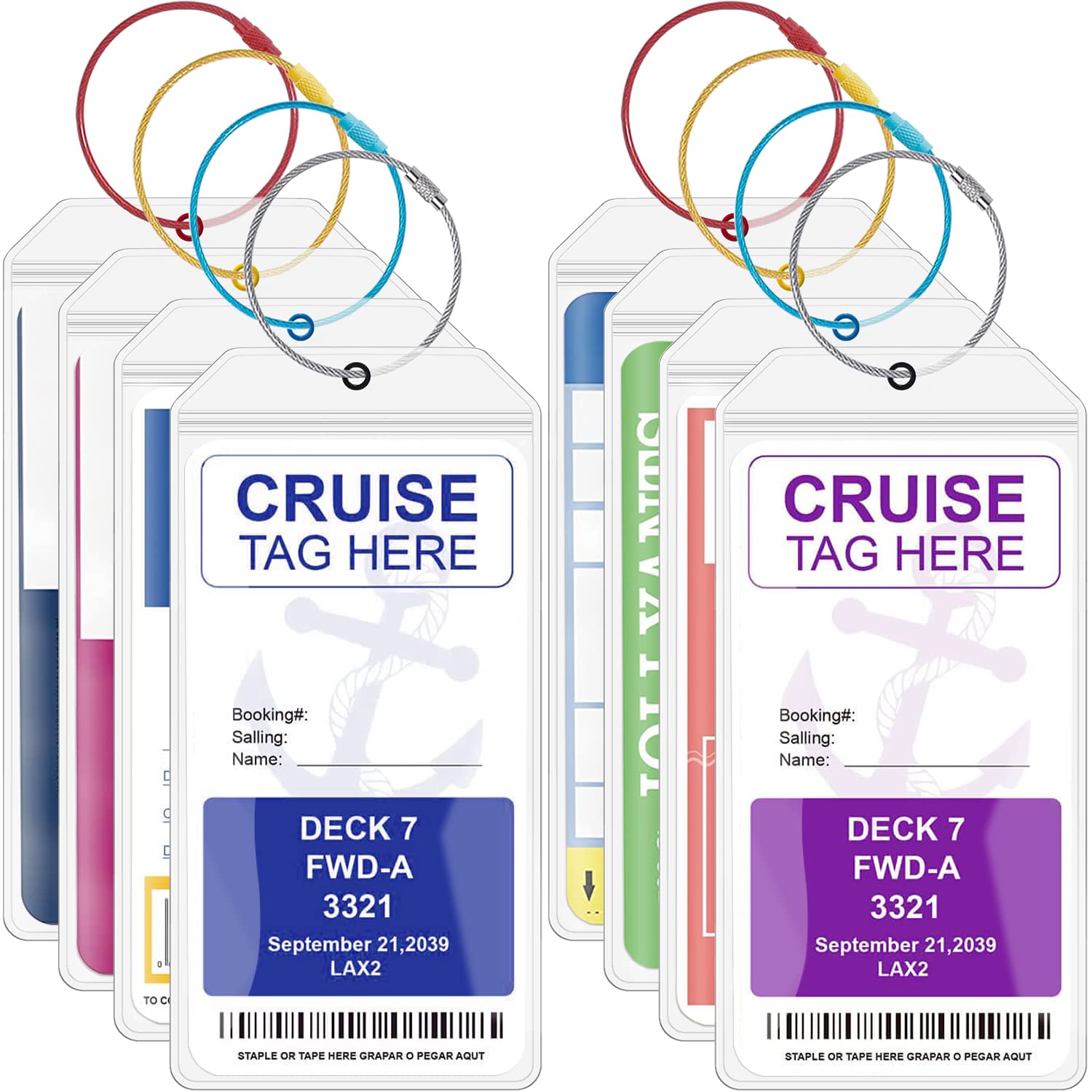 Cruise Luggage Tag Holders,8 Pcs Cruise Luggage Tags with Colorful Zip Seal & Colorful Steel Loops,Reusable Waterproof Clear Luggage Tags Cruise Accessories