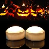 EZiKitchen 2 Pack Led Halloween Pumpkin Lights with Timer/Remote, White | Battery Operated Candles, Flameless Jack O Lantern Lights, Flickering Fake Electric Lights for Table Centerpieces Christmas