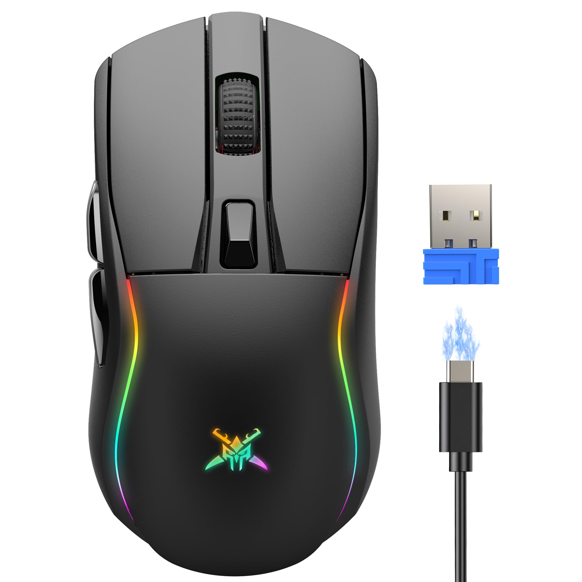 TECKNET Tri-Mode Wireless Gaming Mouse, RGB Backlit Bluetooth 5.0/2.4G/USB-C Rechargeable Ergonomic Mouse with 6 Programmable Buttons, 24000 DPI, 1000Hz Polling Rate, for PC Laptop Mac Gamer