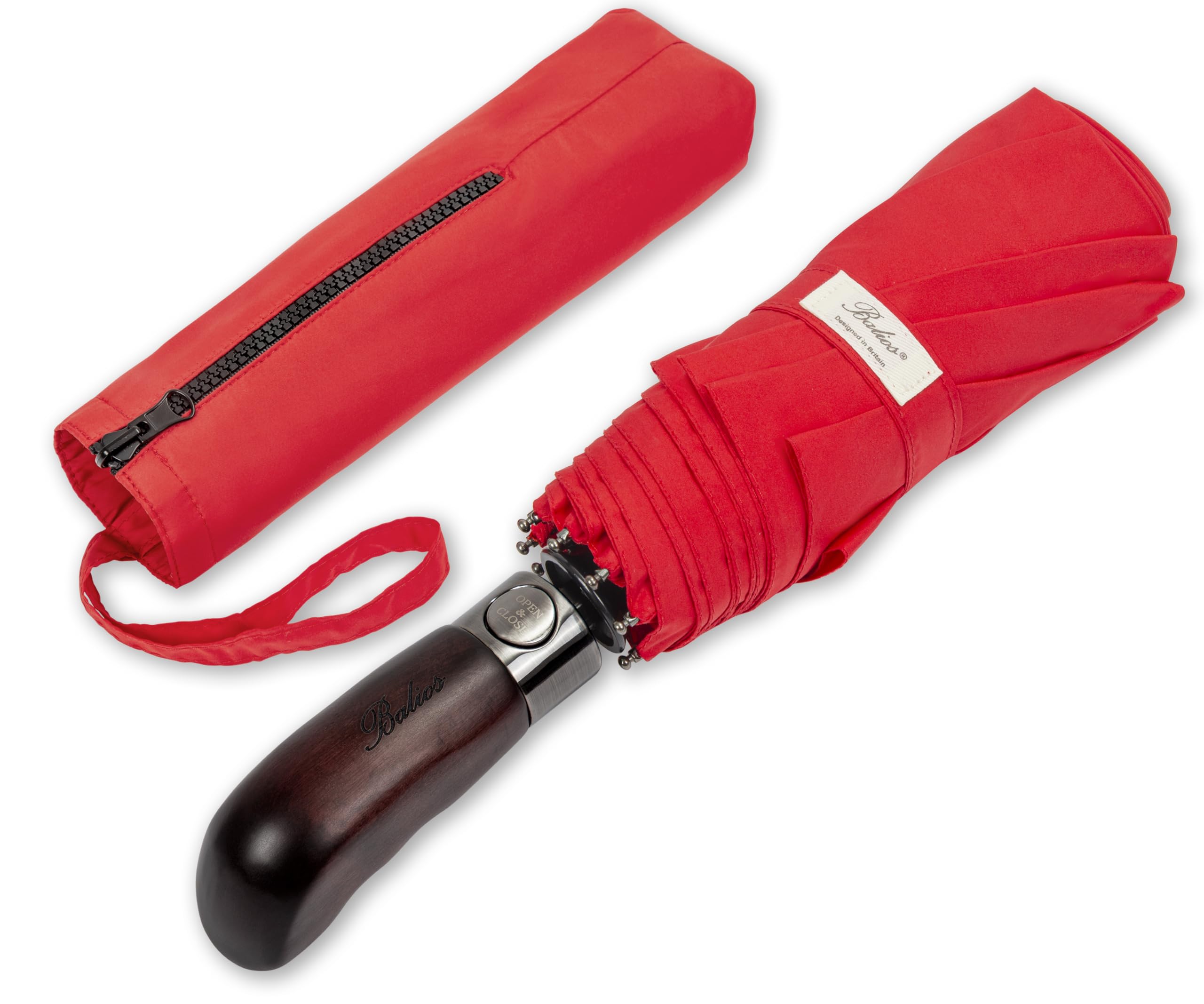 Balios Folding Umbrella Wood Handle Auto Open Close Vented Canopy Vibrant Red โ image 1