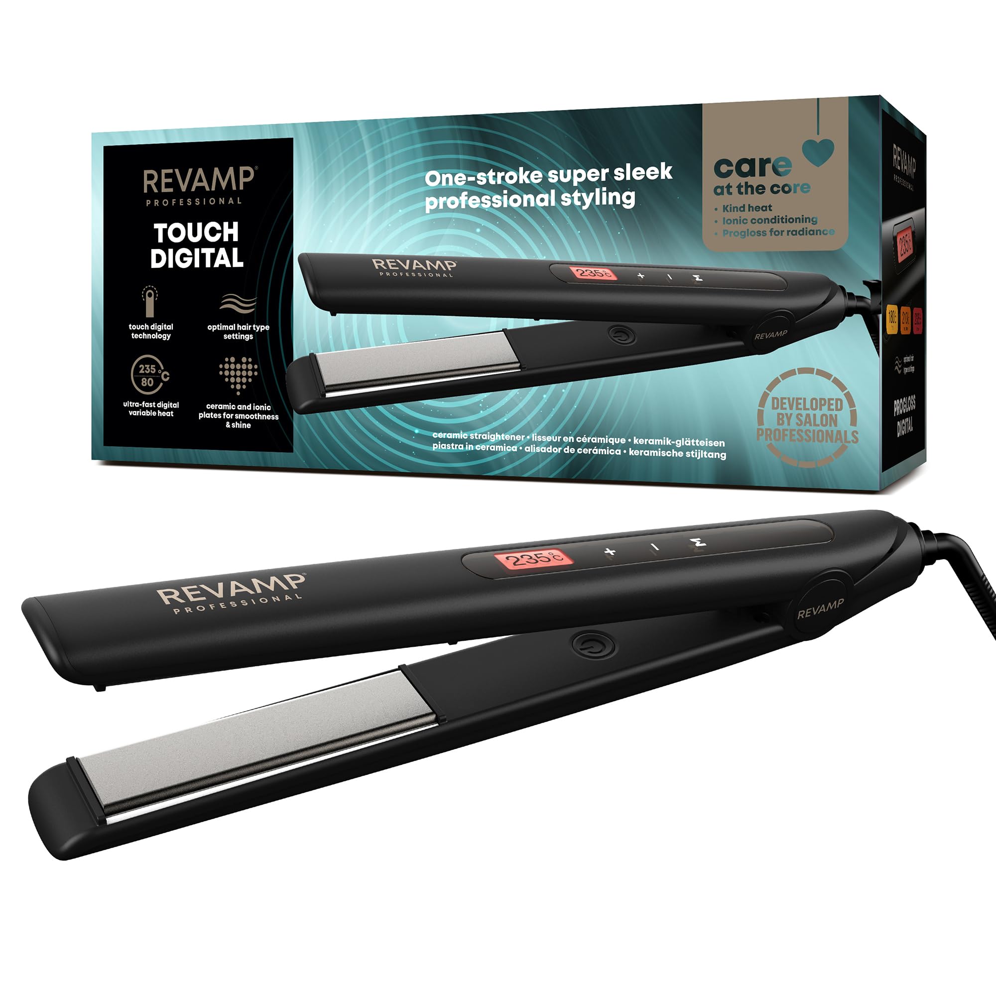REVAMP Touch Digital Ceramic Straightener - Salon Straightening and Curling with Ceramic Ionic Plates, Perfect for Long or Short Hair, Professional Touch Temperature Control, 3 m Cable - Black