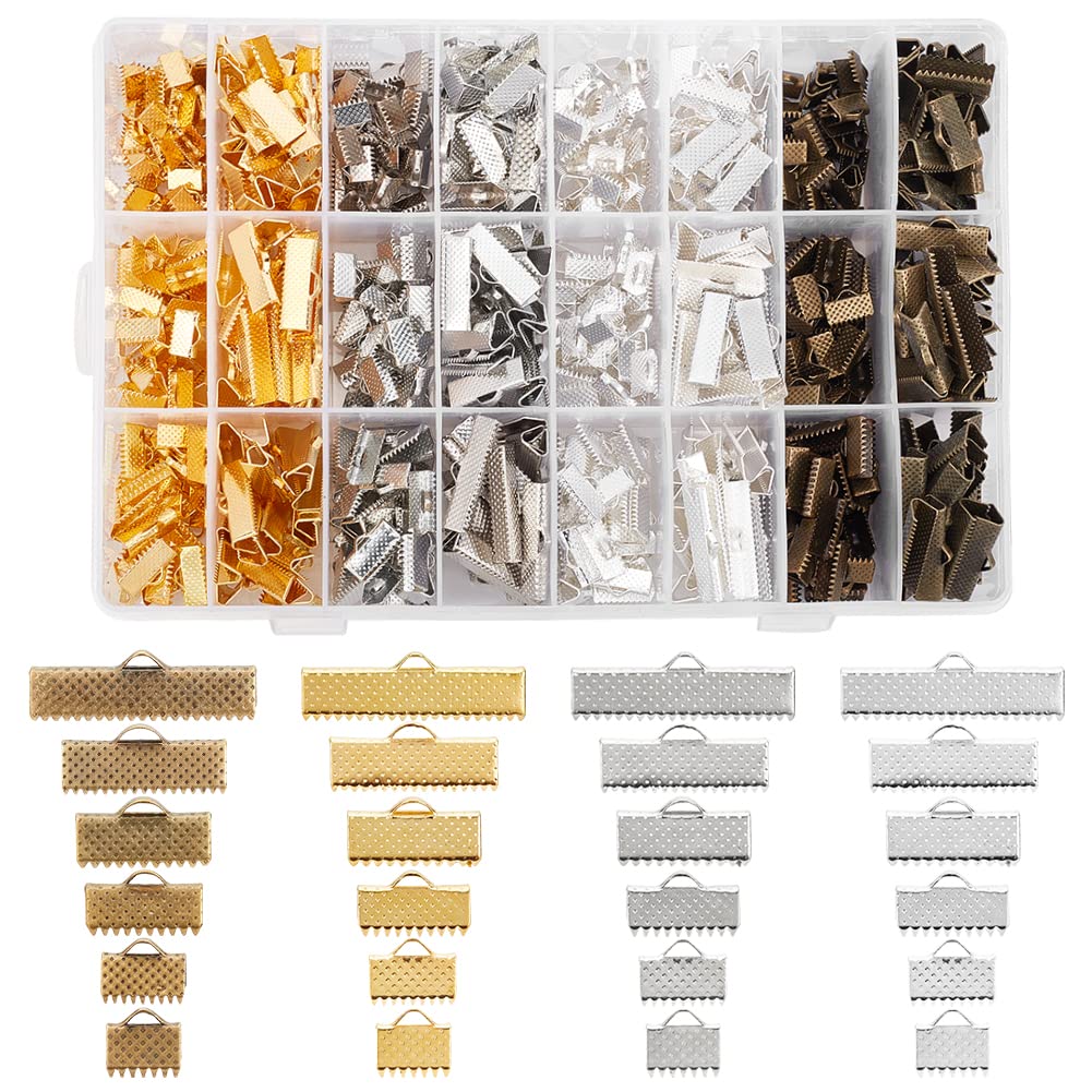 PH PandaHall 680pcs Ribbon Crimp Clamp Ends, 6 Sizes Fold Over End Caps 4 Colors Cord Ends Crimp Ends Leather Rope Clips for DIY Craft Jute Leather Bracelet Necklace Macrame Tassel