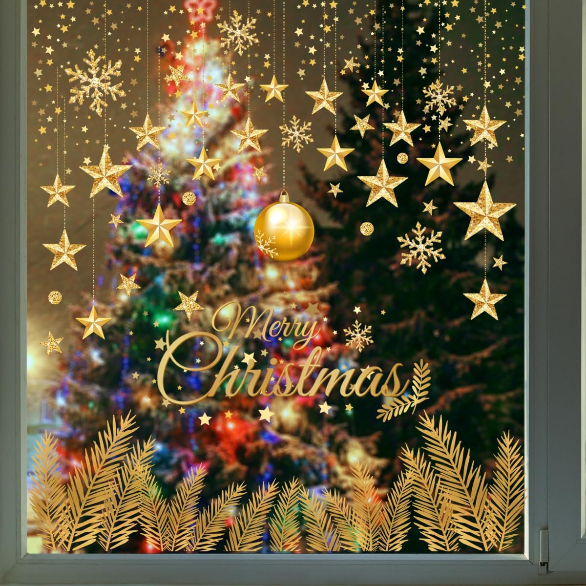 Photo 1 of 30.71x 34.25 Inch Merry Christmas Window Clings Double Side Gold Christmas Star Light Ball Window Sticker for Xmas Party Supplies Home Window Merry Christmas Decor