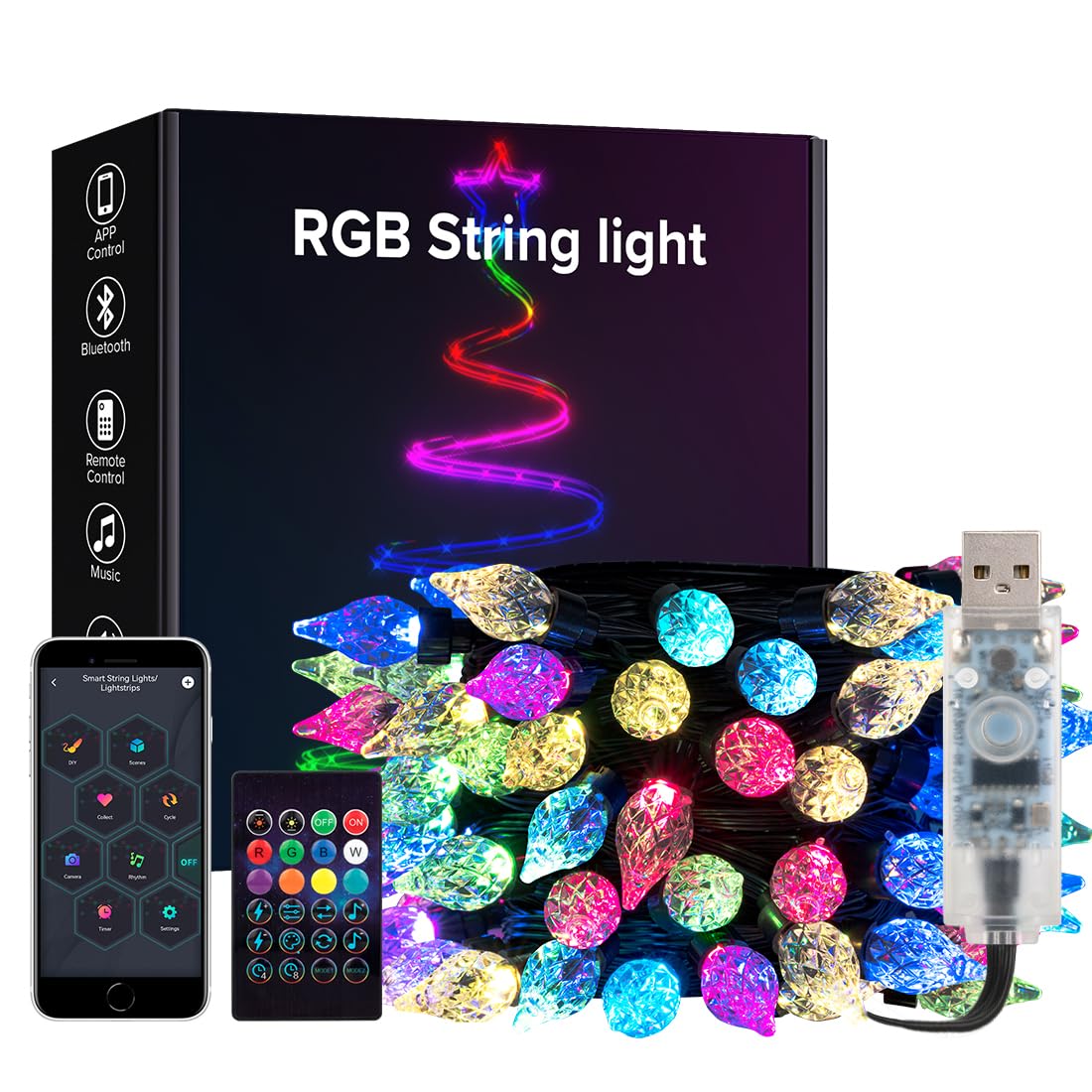 BTF-LIGHTING RGB IC Intelligent String Lights 5M 25LEDs Transparent Cable Transparent Strawberry USB LED Light IP65 Waterproof with IR Remote Control Music Mode Timer Tracking Effect for Decoration