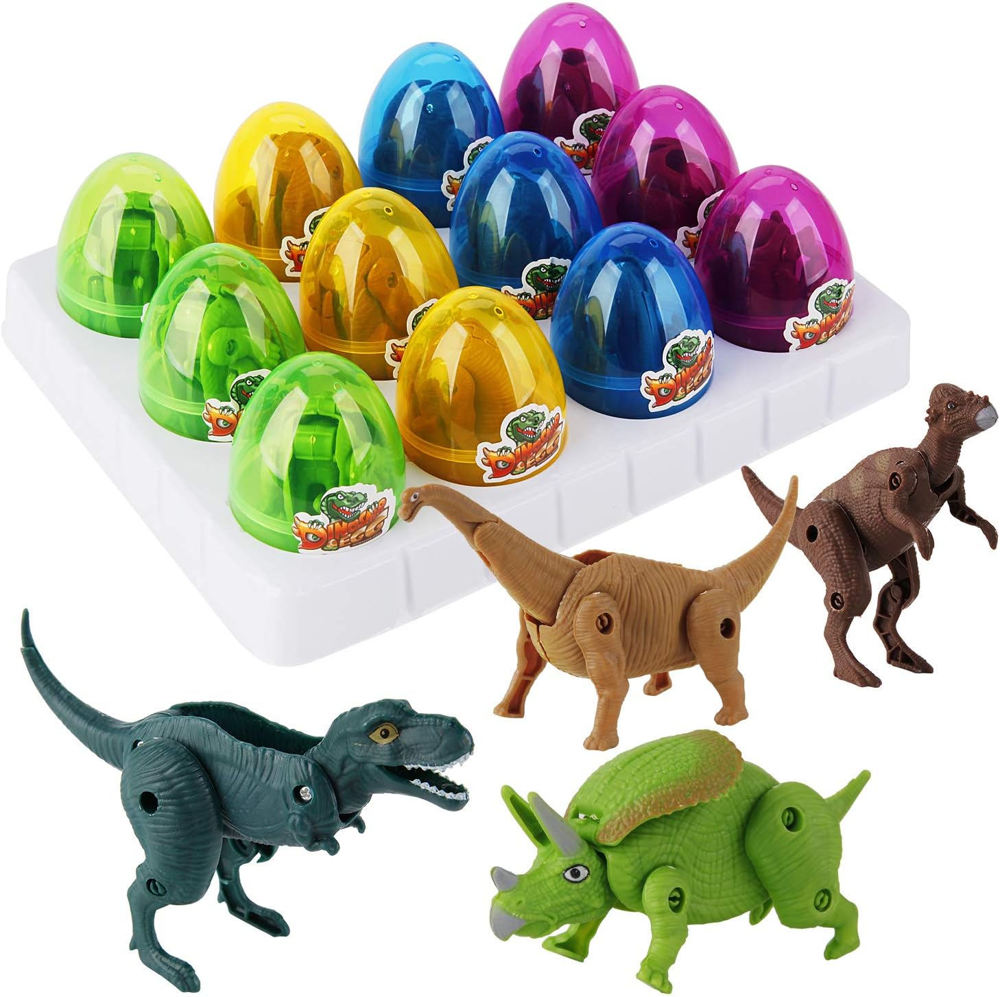 12 Pack Dinosaur Toys for Kids, Unique Easter Eggs Basket Stuffers Deformable Dinosaur Desktop Decorations Eggs, Party Kids Gifts Toys and Science STEM Learning for Boys Girls