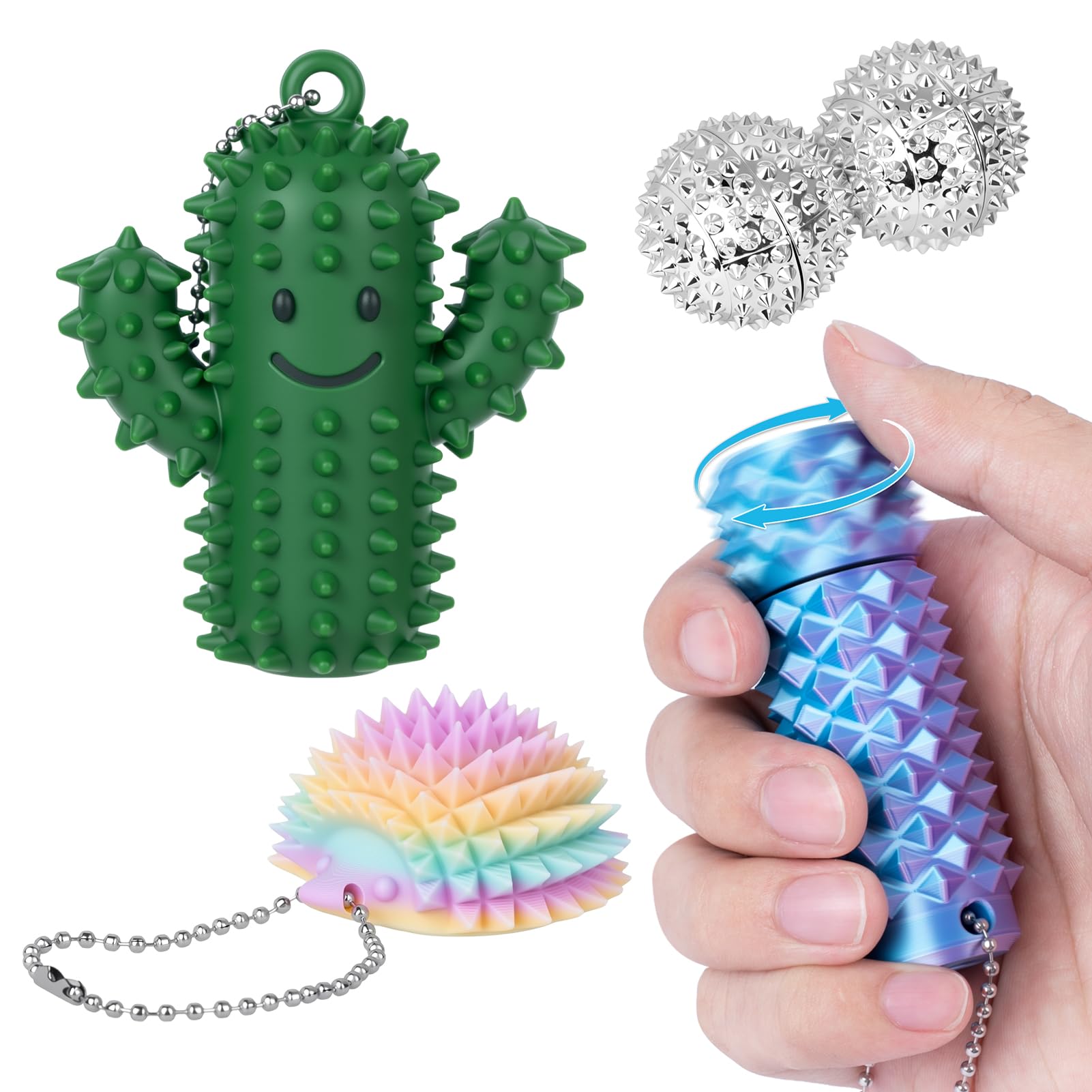 4 PCS Little Ouchies Pain Fidget, Pain Stim Fidgets for Adults, Spinning Spiky Roller Fidget - Pain Stim Tool Sensory Toy for Anxiety & Stress Relief, 3D Printed Grippie Stim Keychain Gifts for Adults