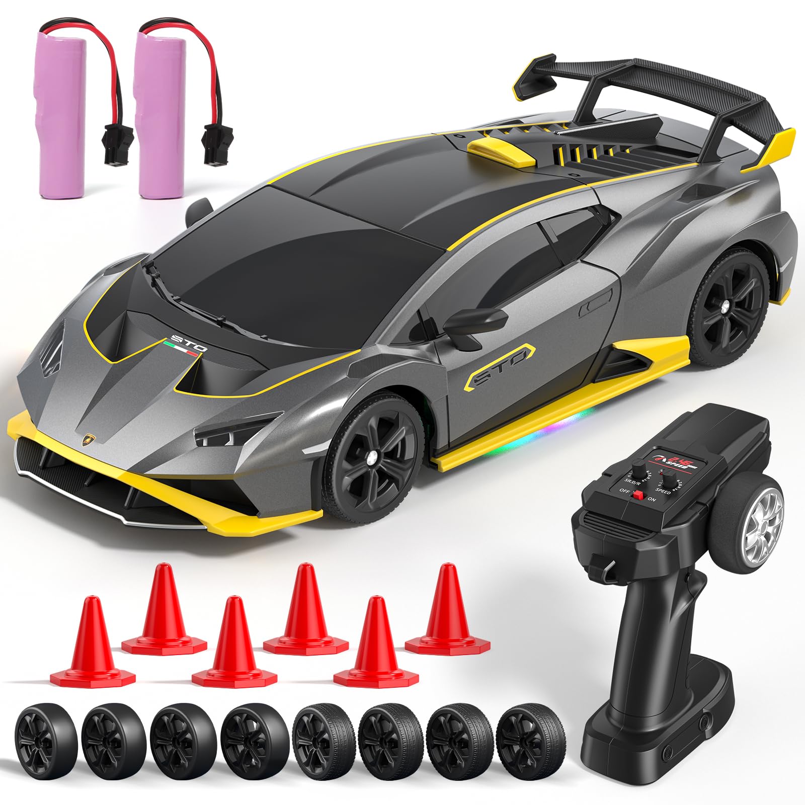 Lamborghini RC Drift Auto, 1:24 Mini 4WD Ferngesteuertes Drift Auto mit Vollproportionale Drosselklappe Und LED Leuchten, 25KM/H RC Rennen, Spielzeug Geschenke für Jungen ab 6 7 8 9 10 11 12 Jahren
