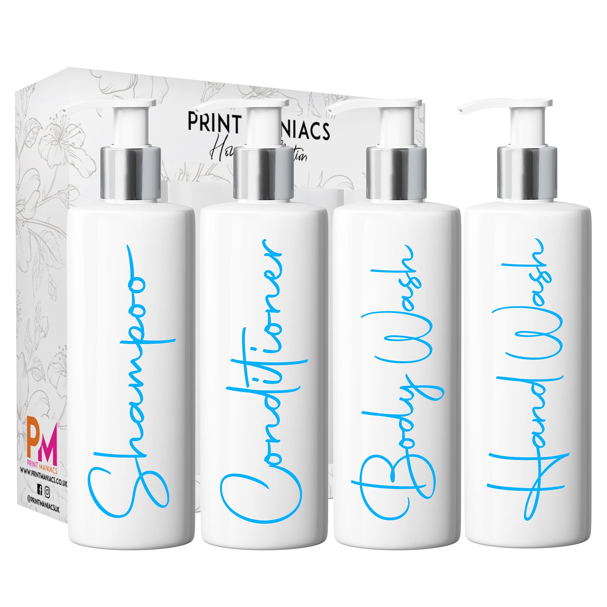 Print Maniacs White Mrs Hinch Inspired Personalised 500ml Pump Bottles Bathroom Lotion Kitchen Set Shampoo Conditioner ( Hand Wash Set , F2) (Baby Blue)