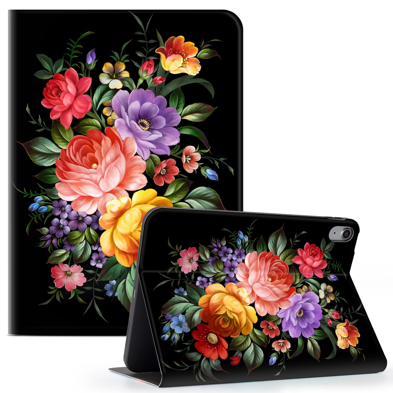 Photo 1 of Case for iPad (A16) 11th Generation 11 Inch 2025, iPad 10th Generation Case 10.9 Inch 2022, Protective 11th/10th Gen iPadCase Adjustable Viewing Stand Auto Wake/Sleep, Black Colord Flowers