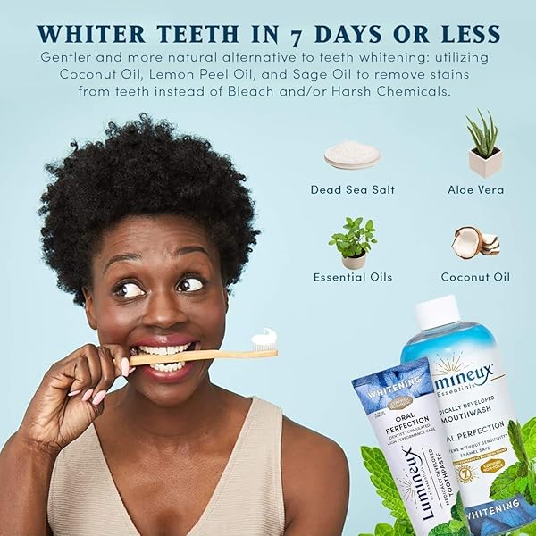 LUMINEUX TEETH WHITENING KIT PEROXIDE FREE FOR WHITER TEETH INCLUDES 7 WHITENING TREATMENTS, 1 MOUTHWASH, 1 TOOTHPASTE & 1 BAMBOO TOOTHBRUSH, DENTIST FORMULATED
