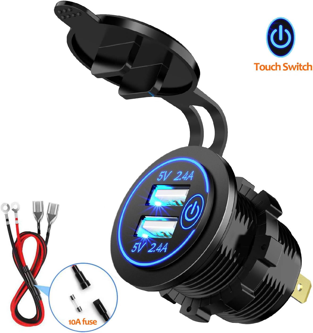 YONHAN 4.8A Dual USB Charger Socket with Switch, Waterproof 12V USB Power Outlet 2.4A & 2.4A with Wire Fuse DIY Kit for 12/24V Car Boat Marine ATV Bus Truck Golf Cart and More, Black & Blue