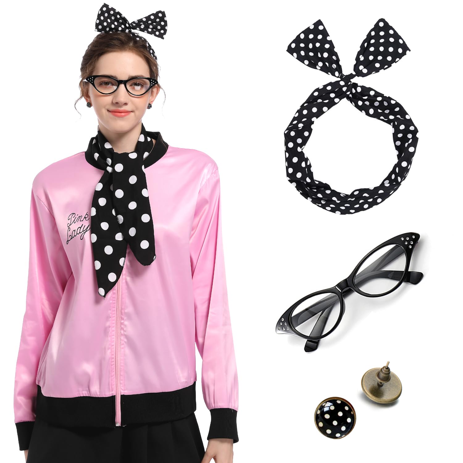 Photo 1 of 1950s Pink Ladies with black edge Satin Jacket + Disco outfit women + with Neck Scarf Headband Earrings Cat Eye Glasses Halloween Cosplay Costume Set for Women Girl