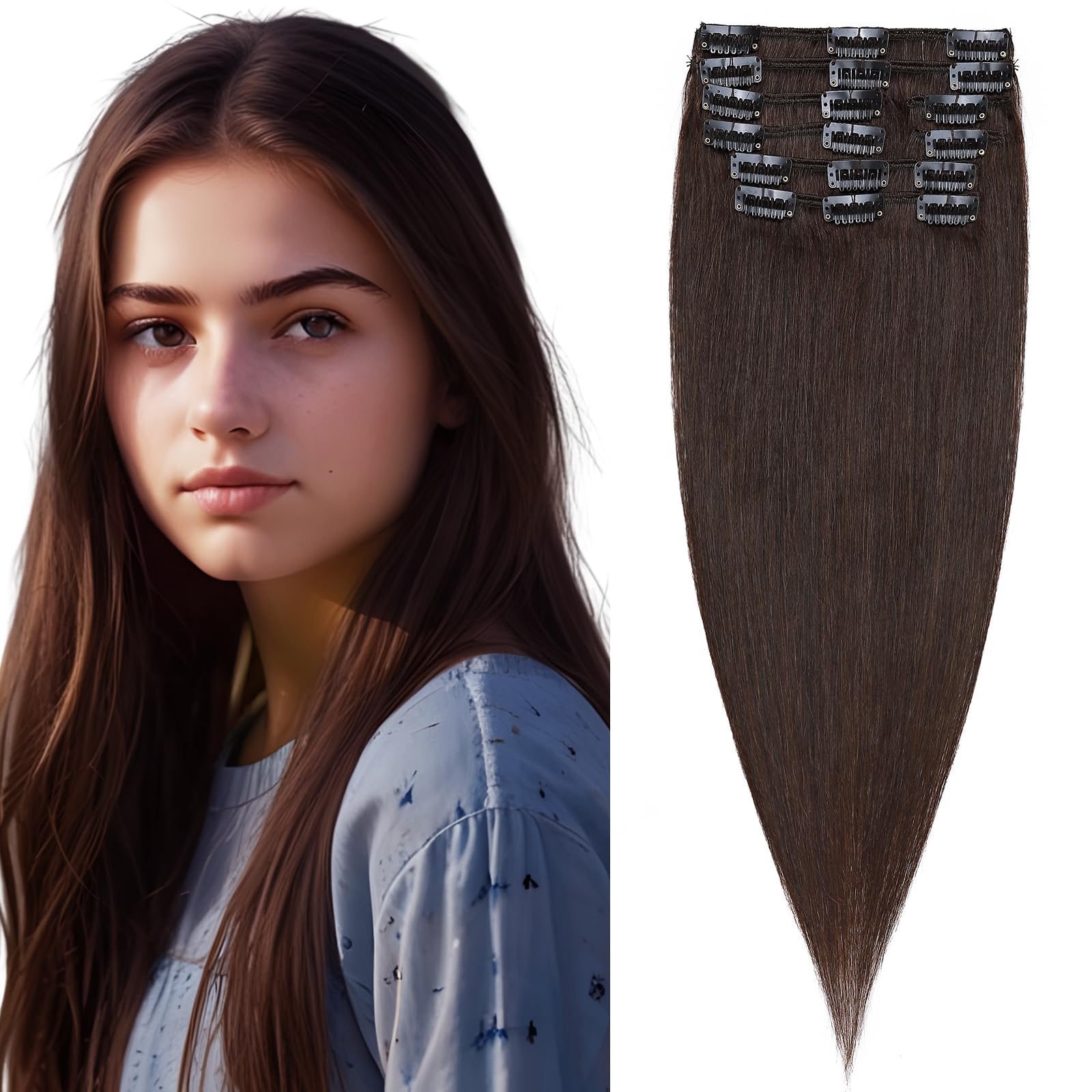 Elailite DOUBLE DRAWN Clip in Hair Extensions Real Human Hair - 100% Remy Hair 8 Pcs Full Head - #2 Dark Brown - 24 Inch 90g (Thin Thickness)