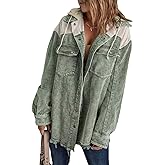 Dokotoo Womens 2025 Fall Corduroy Shacket Jacket Long Sleeve Button Down Color Block Hooded Coat with Pockets