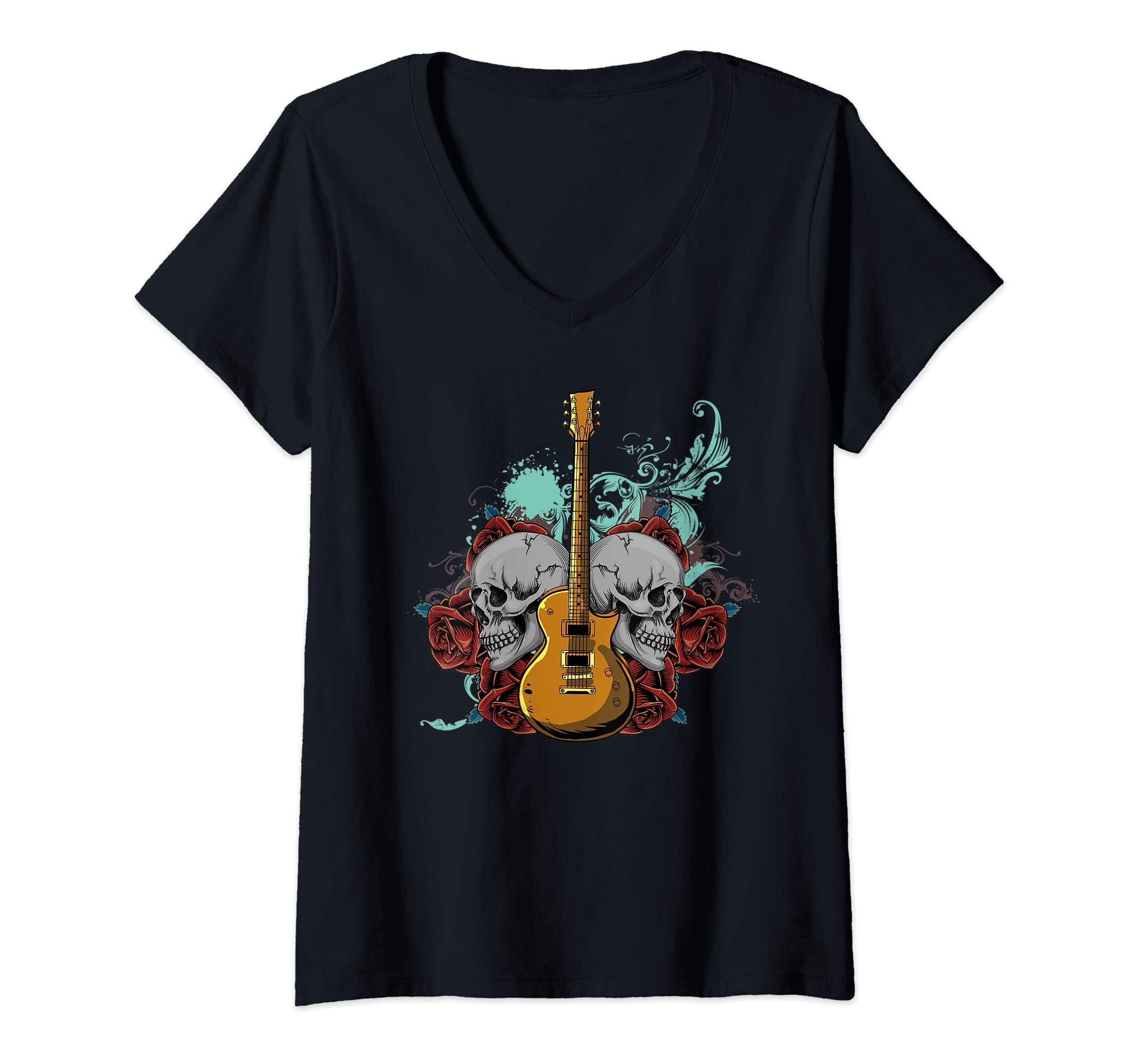 Womens Electric Guitar Skull Red Roses - E-Guitar Rock Guitarist V-Neck T-Shirt