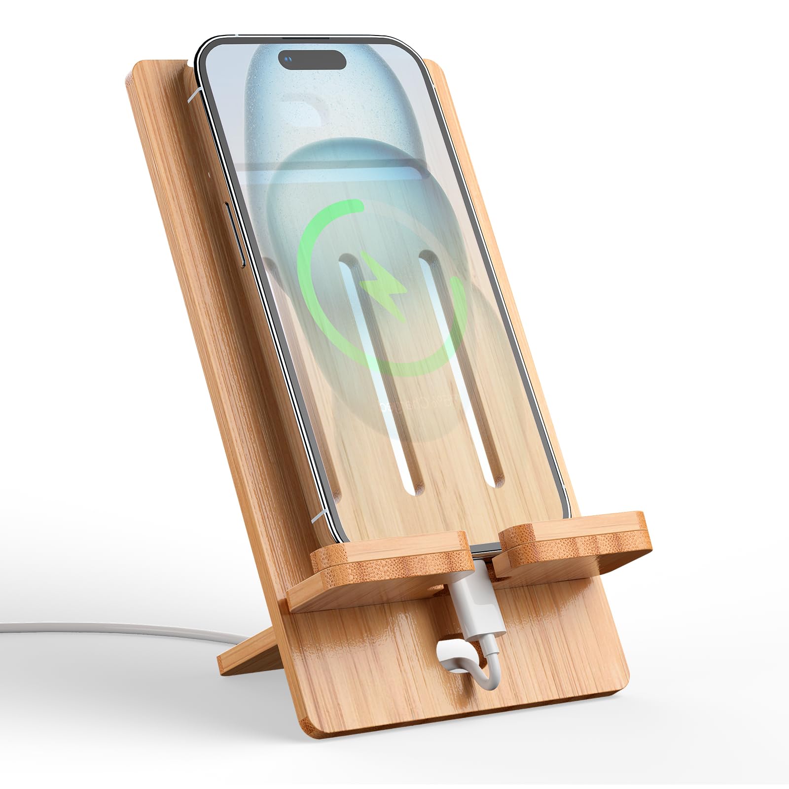 Photo 1 of Pezin & Hulin Wooden Bamboo Cell Phone Stand, Wood Charging Dock Holder, Portable Desktop Phone Rack, Compatible with Mobile Phone and Tablet -Slim Version