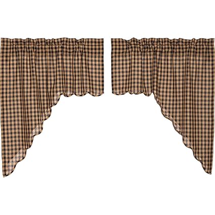 VHC Brands Navy Check Scalloped Swag Set of 2 36x36x16