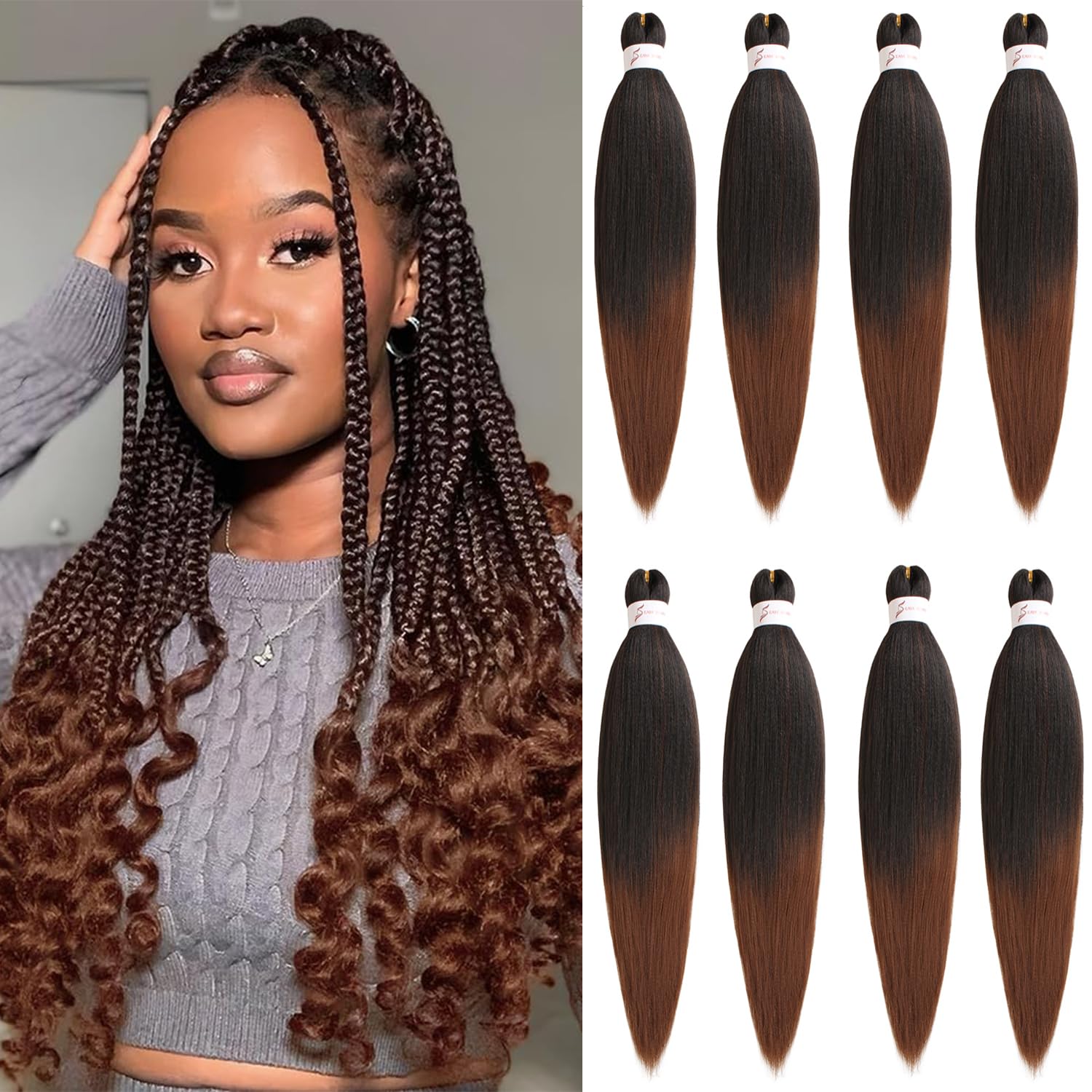 Mscat 20 Inch 8 Packs Pre Stretched Braiding Hair Ombre Brown Pre Stretched Braiding Professional Synthetic Prestretched Crochet Braids Hair Extension Hot Water Setting Yaki Texture (T30#)