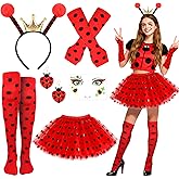 Beipegin 6pcs Ladybug Costume Women with Red and Black Tutu, Ladybug Headband Earrings Socks,Gloves for Halloween Party Animal Cosplay