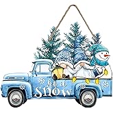 Bolisom Winter Blue Truck Gnome Snowman Front Door Sign, Let It Snow Pine Tree Wood Hanger Outdoor Outside Porch Home Decor, Farmhouse Christmas Snowflake Wooden Wreath Indoor Wall Hanging Decoration