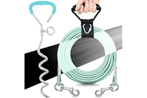 GoGoPaw Dog Tie Out Cable and Stake, Reflective Dog Yard Leash Cable with No Tangle Handle, Heavy Duty Dogs Tether and Chain for Medium to Large Dogs Up to 300lbs in Outdoor, Green 10FT