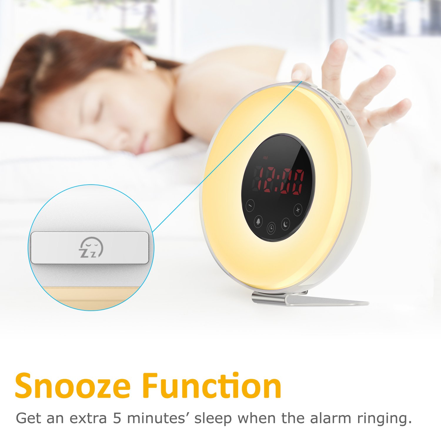 Ifecco Despertador despertador con luz del sol y simulación, noche de la luna del LED más 7 color que cambia la alarma de radio de la ayuda FM, control del tacto