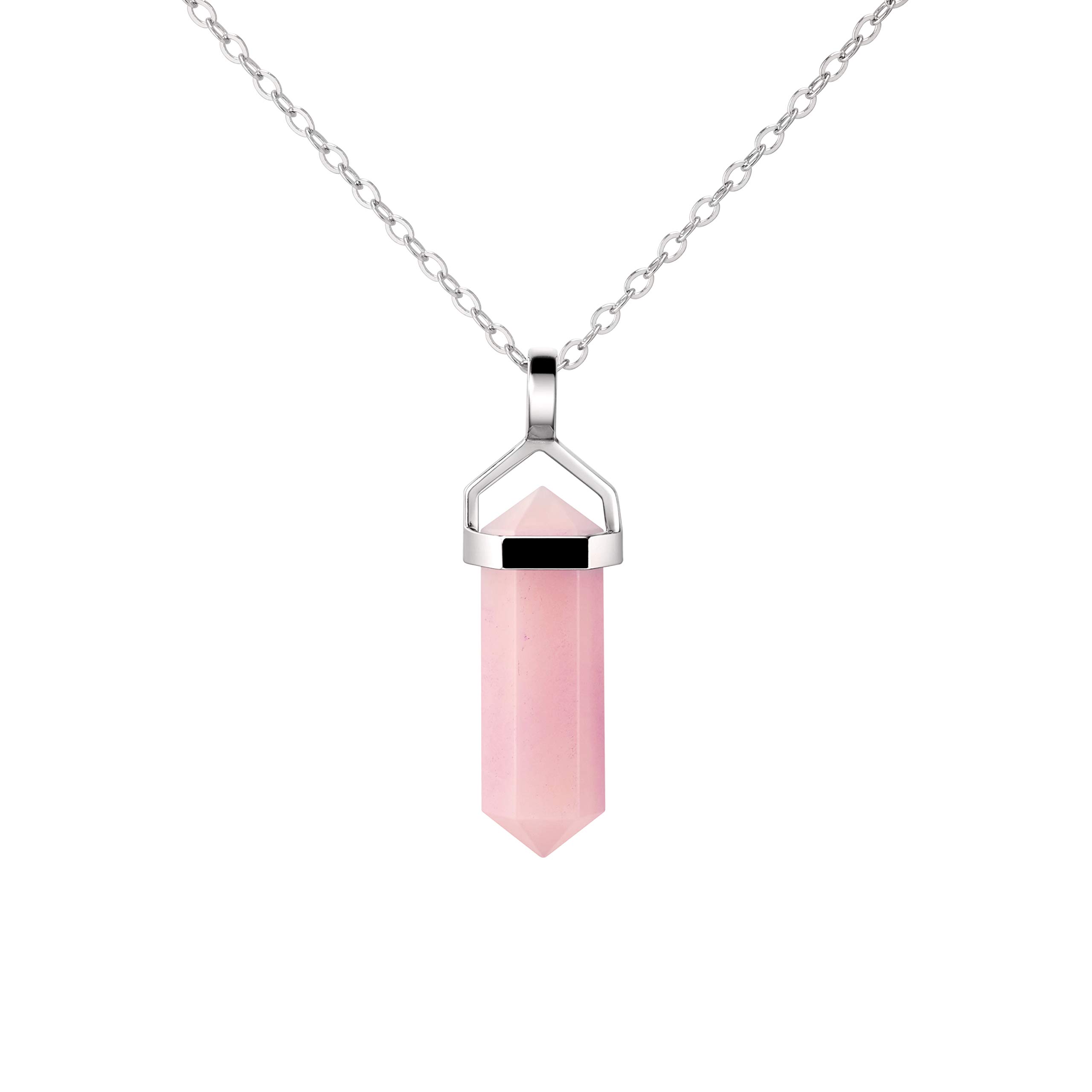 Franki Baker Dainty Pink Opal Gemstone Double Point Pendant Necklace on 925 Sterling Silver Box Chain. Chain Length: 50cm
