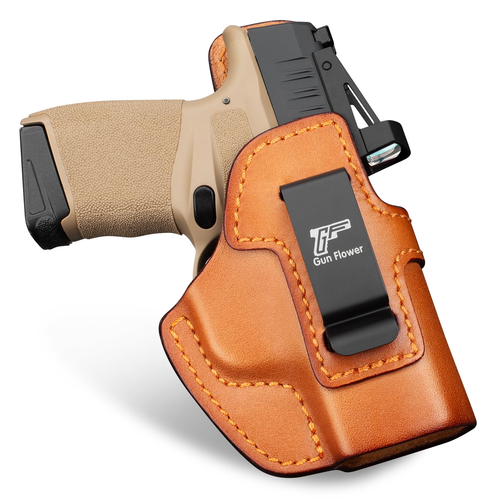 Photo 1 of & Flower IwB Leather Holster for Ruger MAX-9, PSA Dagger Micro, Springfield Hellcat/Hellcat OSP - Optic Cut - Concealed Carry Holster, Fits 1.5"-1.75" Belts, Brown- Right Hand