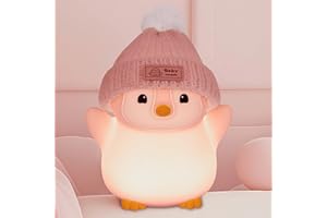 FAMIDUO Penguin Night Light, Cute Pink Penguin Lamp with Knit Hat, Soft Silicone Nursery Nightlight for Baby, Rechargeable/Dimmable/Timer,LED Squishy Novelty Animal Bedside Lamp,Funny Gifts for Kids