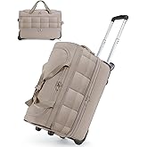 BAGSMART Rolling Duffle Bag with Wheels, Carry On Bag Duffel Bag for Travel, Wet Pocket Duffle with Wheels and Handle, Khaki, 40L